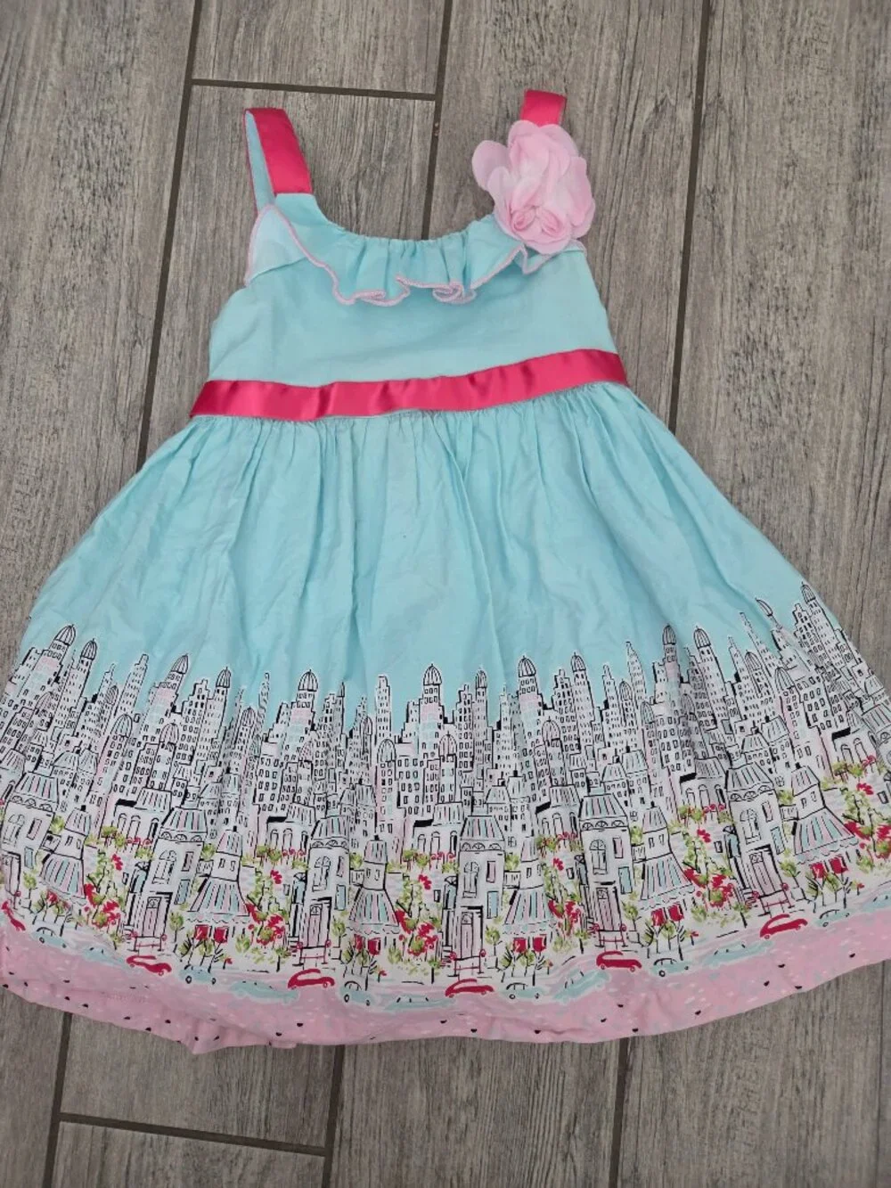 Jessica Ann Toddler Girls City Print Aqua Pink Sleeveless Dress Size 2T